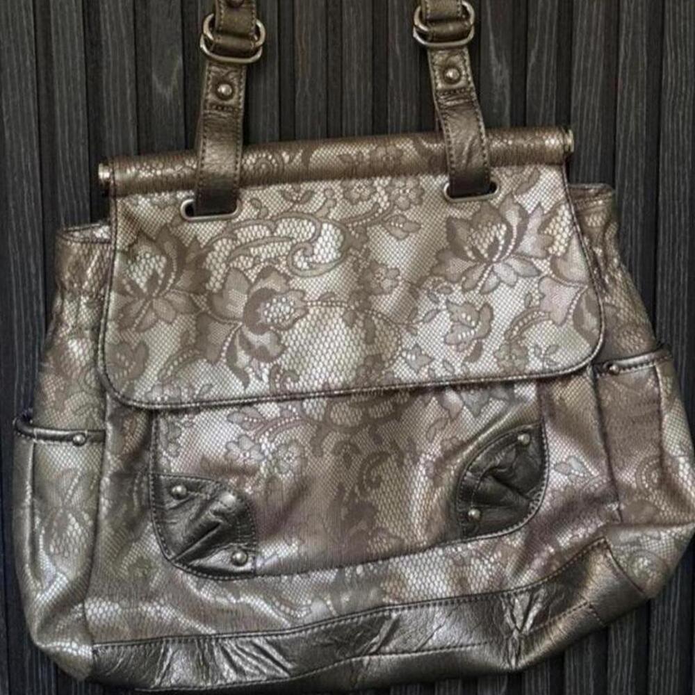 Y2K silver gold chrome metallic floral lace purse with silver hardware and singl